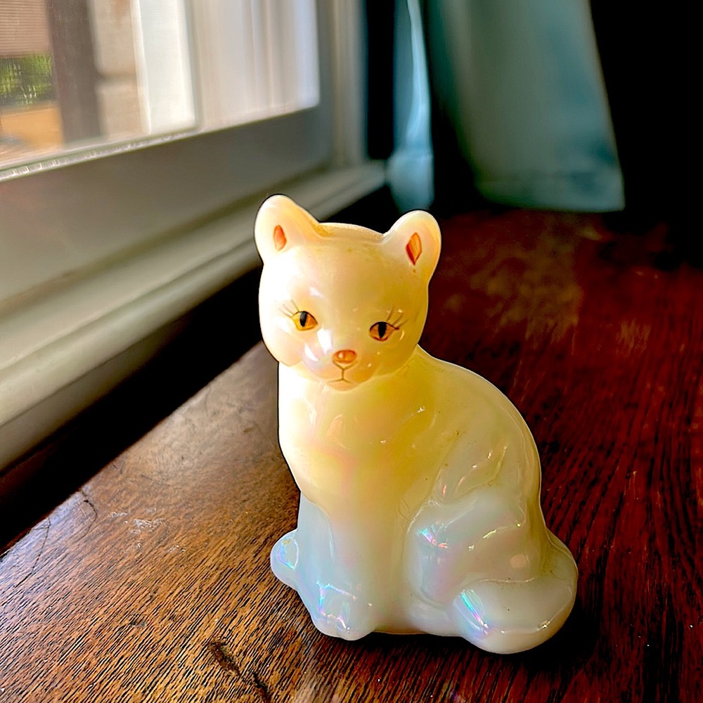 Fenton Pearl Iridescent Carnival Glass Cat - Hand Painted - Signed